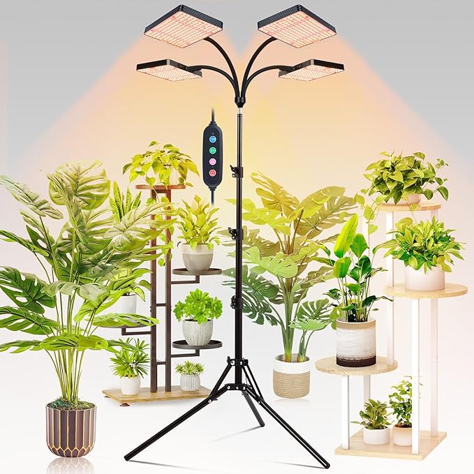 4-Head Grow Light with Stand 100W, FECiDA 2025 Grow Lights for Indoor Plants, Full Spectrum LED Plant Grow Light for Houseplants, Bonsai Tree, 4,8,12,16 Hr Timer and 360° Gooseneck