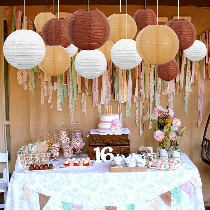 BEISHIDA 16 Pcs Brown Mix Paper Lanterns,Hanging Decorative Chinese Japanese Round Paper Lantern Lamp for Bachelorette Party Father's Day Retirement PartyDecoration
