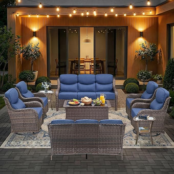 HUMMUH 9 Pieces Wicker Outdoor Furniture Set 6-inch Cushions High Back Patio Sofa Swivel Rocker Chairs Set of 2 with Coffee Table for Porch,Deck,Backyard
