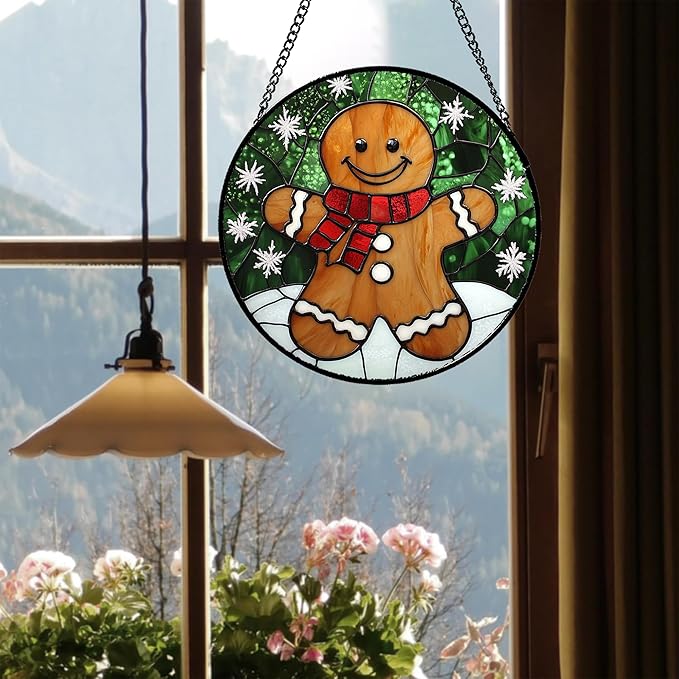 Stained Glass Window Hanging Cute Christmas Gingerbread Man Snowflake Large 15" - Suncatcher Door Garden Sun Catcher Home Decor Birthday for Mom Men Woman Nana Friend