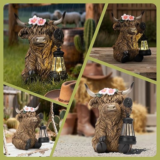 Solar Highland Cow Garden Outdoor Statue,Highland Cow Figurines Sculpture with LED,Farmhouse Decor,Patio Balcony Yard for Pasture & Farm Theme Housewarming Gifts for Women Mom