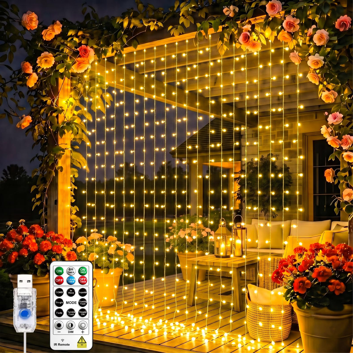 SINAMER Curtain String Light, 300LED 9.8x9.8ft, Remote & 8 Modes, USB