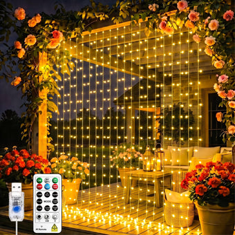 SINAMER Curtain String Light, 300LED 9.8x9.8ft, Remote & 8 Modes, USB