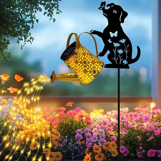 Solar Lights Outdoor Decorative, Watering Can with Cascading Lights, with Dog Silhouette Garden Stakes, Gifts for Mom Women, Waterproof Metal Garden Decor for Yard Art, Outside(1 Pack)