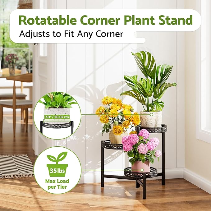 NQW Metal Plant Stand Indoor Outdoor, 3 Tier Corner Tall Plant Shelf for Multiple Plants, Tiered Plant Stand, Heavy Duty Flower Plant Holder, Folding Tall Rack for Garden Patio Lawn Balcony - BlackWave