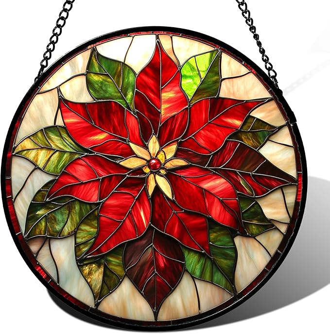 HWRHTR Stained Glass Window Hanging - Red Poinsettia Birth Flowers Suncatcher for Door Garden Yard Sun Catchers Decor Christmas Mother's Day Birthday Gifts for Women Mom Nana Teacher Friend 15 in