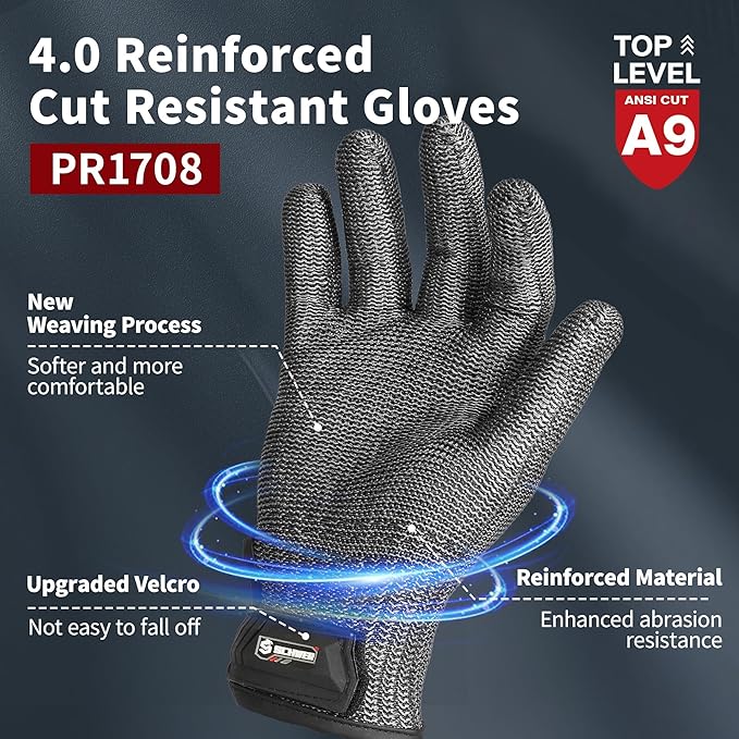 Schwer Ultimate Cut Resistant Gloves Beyond ANSI A9, Reinforced Stainless Steel Glove, Food Grade Mesh Metal Gloves for Butcher Meat Cutting, Oyster Shucking, Mandoline, Non-PFAS, PR1708 (S, 1 PCS)