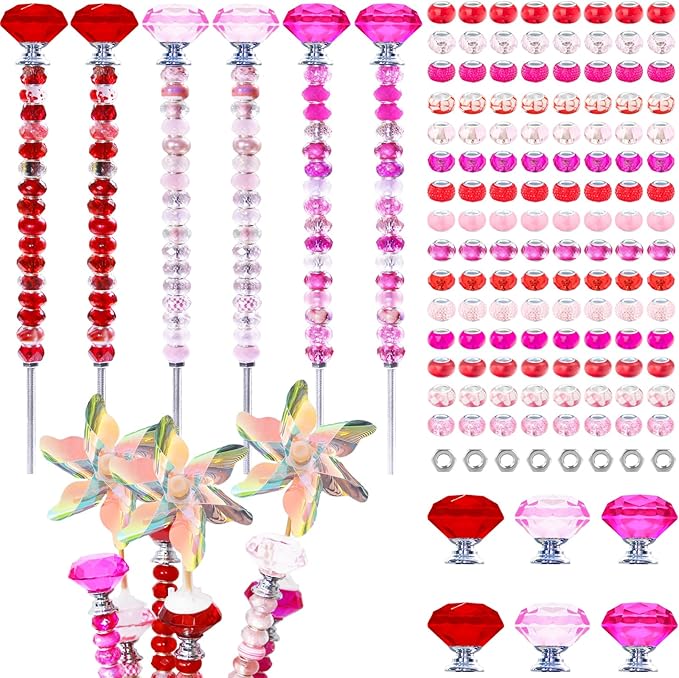 148 PCS Beaded Garden Stakes Kit, DIY Fairy Wand Garden Stake Beads Kits with Assortment Large Hole Beads 6 Crystal Stopper Top Threaded Rods and 3 Colored Small Windmills for Outdoor Indoor Decor