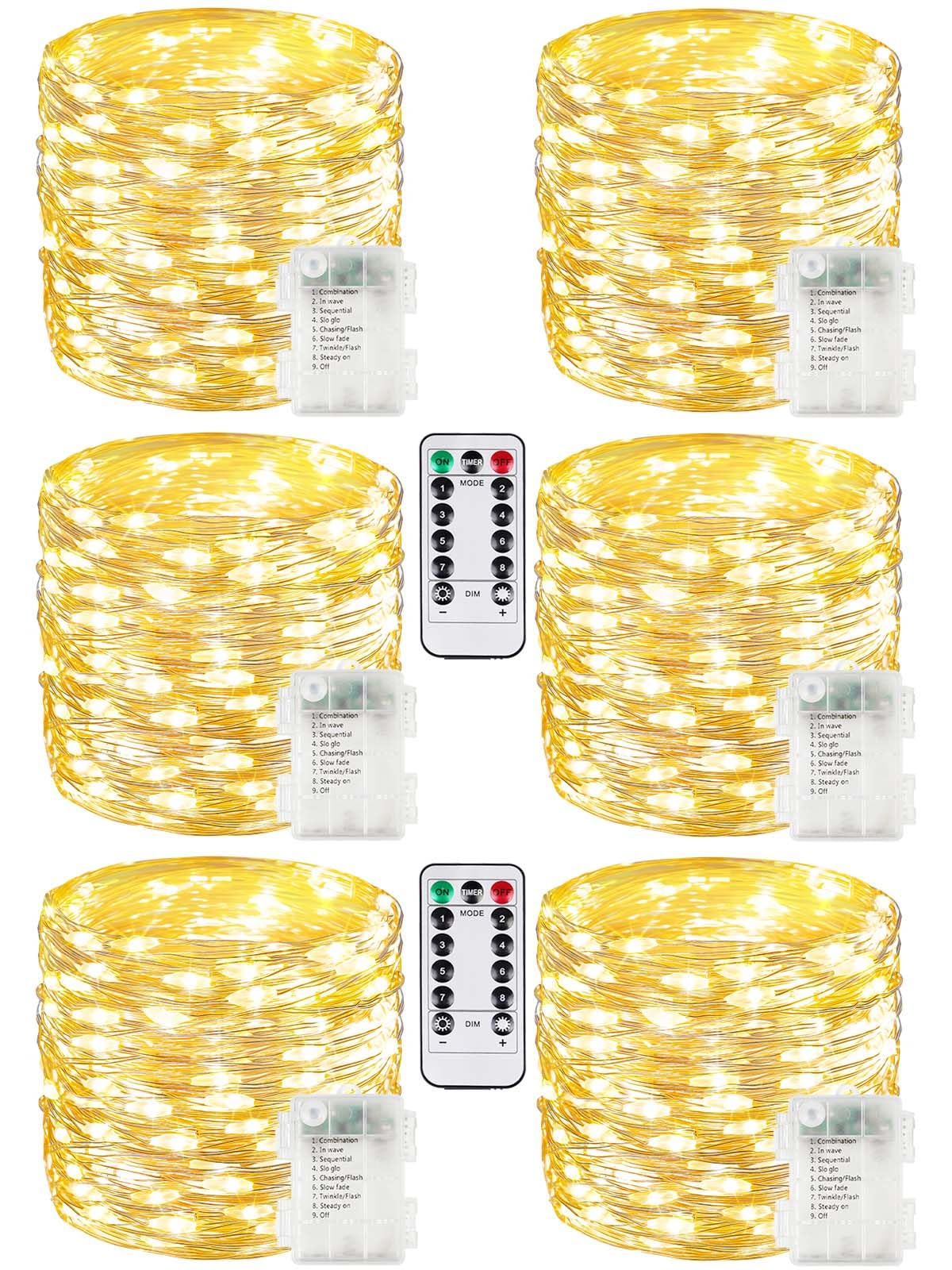 6 Pack 100 LED Fairy Lights Battery Operated with Remote, 33 FT Warm White
