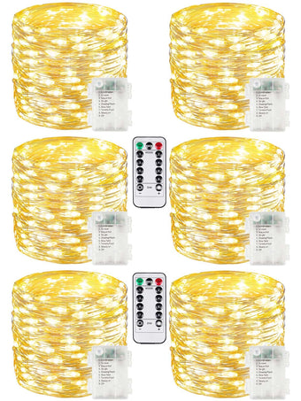 6 Pack 100 LED Fairy Lights Battery Operated with Remote, 33 FT Warm White