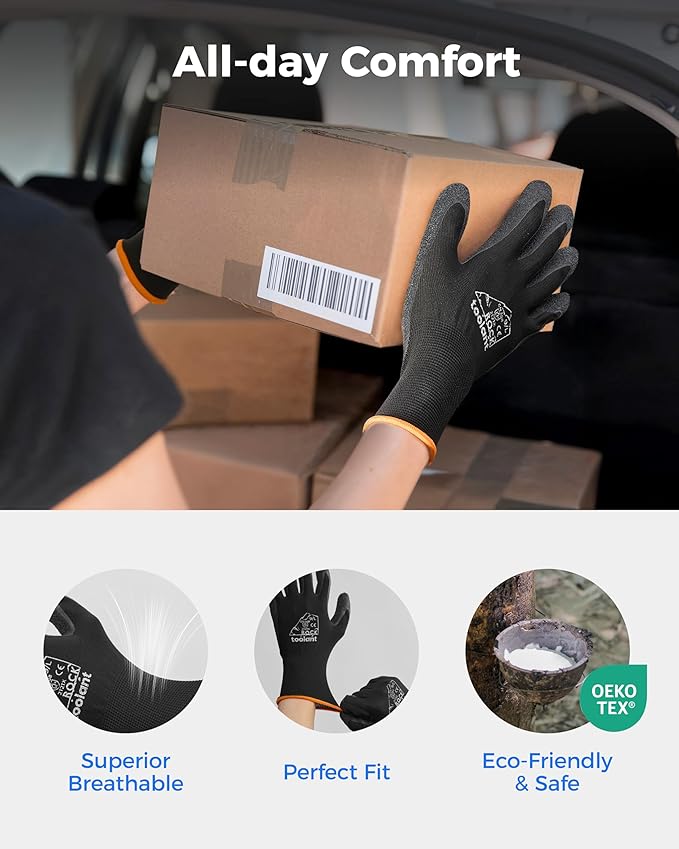 toolant Crinkle Latex Work Gloves Bulk, Rubber Coated Safety Work Gloves for Men and Women, 12 Pairs for Construction, Gardening, Warehouse (Gray, Large)