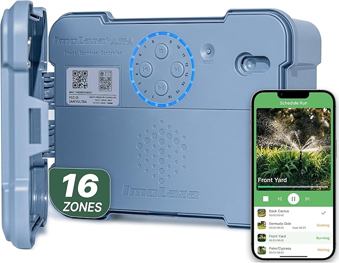ImoLaza Outdoor Smart Sprinkler Controller, 16-Zone WiFi Irrigation Controller with Hyper-Local Weather, App Remote Control, Works w/ Alexa, Auto Watering, Rain/Freeze/Wind Skip, Smart Fault Detection