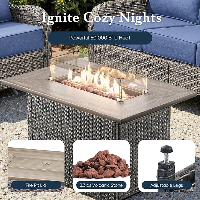 Belord Luxury 6" Thick Cushioned 7 Pieces Patio Furniture Set with Fire Pit Table, Wicker Outdoor Conversation Set with High Back Swivel Rocker Chairs for Deck Porch Yard and Poolside - Grey+Blue