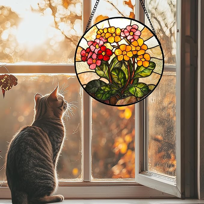 AMDERVEN Stained Glass Window Hanging, Yellow Red Flowers Sun Catcher for Window Door Home Decor Green Plant Suncatcher Christmas Mother's Day Birthday Gifts for Women Men Mom and Nana 11.8 in