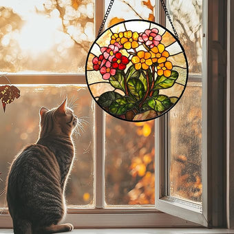 AMDERVEN Stained Glass Window Hanging, Yellow Red Flowers Sun Catcher for Window Door Home Decor Green Plant Suncatcher Christmas Mother's Day Birthday Gifts for Women Men Mom and Nana 9.8 in