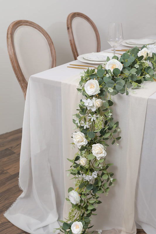 Serra Flora 6FT Artificial Eucalyptus Garland with Roses Flowers Vine Greenery Garland Hanging Plant for Wedding Party Arch Table Arrangement Indoor Outdoor Backdrop Wall Decor (White)