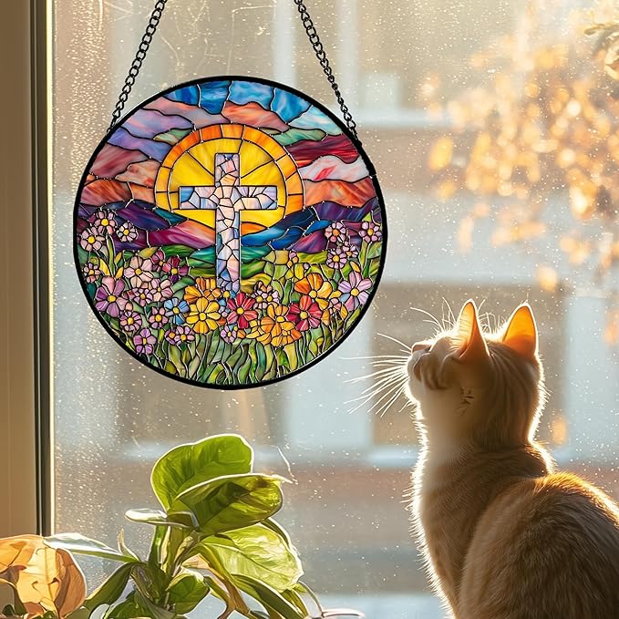 JOSUMALY Stained Glass Window Hanging - Cross Flower Sea Sun Catcher for Door Terrace Garden Home Decor, Mountains Landscape Suncatcher Birthday Gifts for Lovers Women Men Dad Mom Nana 11.8 in