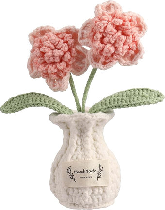 YOOJEE Crochet Paris Polyphylla Flower Pot Handmade Knitted Desk Decor Pink Potted Plant for Home Office