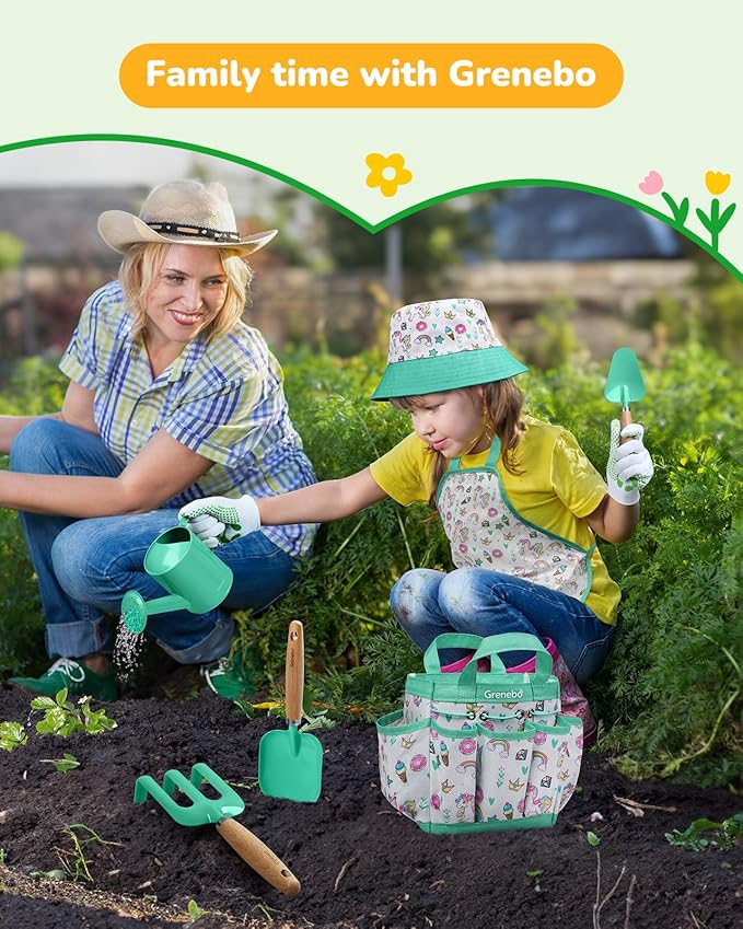 Grenebo Kids Gardening Set Toys,Includes Metal Trowel,Transplanting Shovel,Garden hat,Rake,Apron,Gloves,Watering Can,and Tool Organizer Bag (Lake Green)