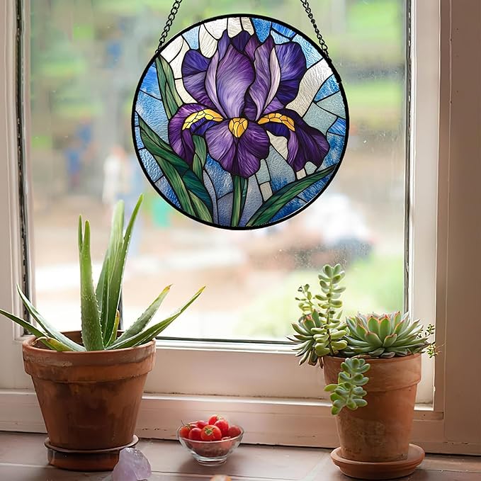HWRHTR Stained Glass Window Hanging - Iris Birth Flower Suncatcher for Doors Garden Yard Purple Blue Sun Catchers Decor Christmas Mother's Day Birthday Gifts for Teacher Women Mom Nana 9.8 in