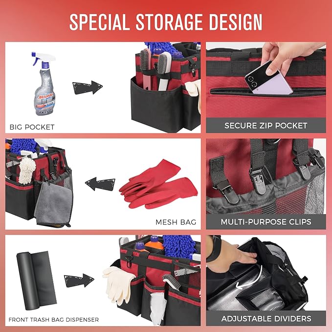 Wearable Cleaning Caddy, Cleaning Caddy Supplies Organizer with Handle & Shoulder Straps for Housekeepers, Under Sink & Car Cleaning Tool Organizers Bag with 4 Foldable Divider (Wine)