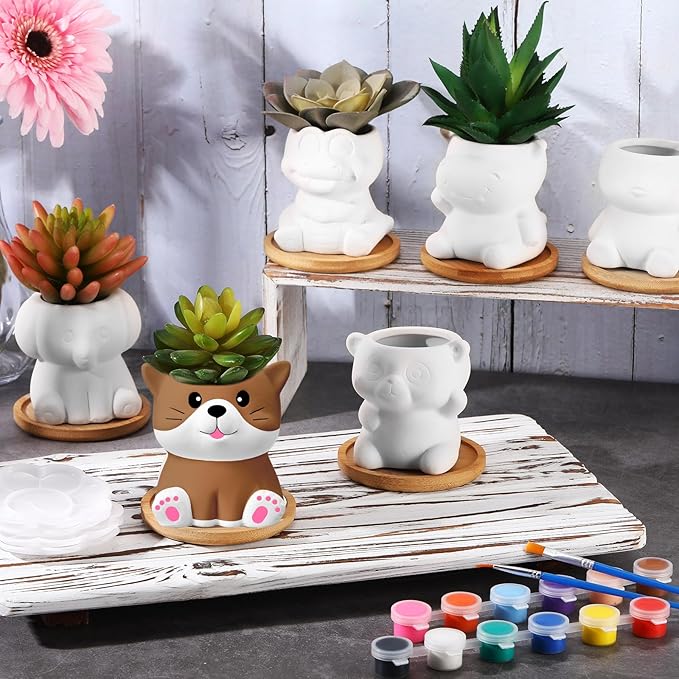 Ninehaoou 6 Sets Ceramic Succulent Pots with Drainage Color Paints Paintbrushes Palettes Paintable Succulent Flower Pots DIY Figurines Paint Craft Kit for Classroom(Cute Animal)