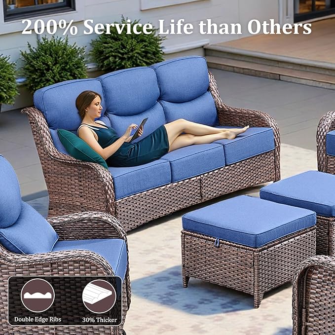 Luxury High Back Patio Furniture Set with Fire Pit Table & 6-Inch Thick Cushions, 5-Pieces Outdoor Furniture with 4 Swivel Chairs, Wicker Conversation Set for Porch, Balcony, Deck and Yard, Brown/Blue