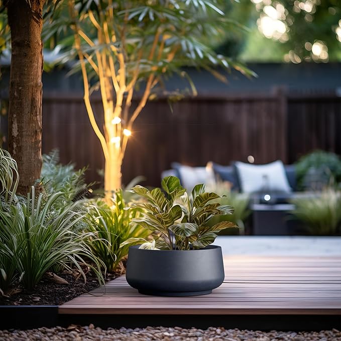 Kante 16.1" Dia Round Curvy Concrete Planter, Large Plant Pots with Drainage Hole and Rubber Plug for Indoor Outdoor Plants, Flower Pot for Home Garden Patio Porch, Charcoal