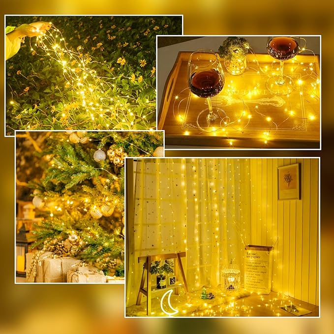 2-Pack Fairy Lights Battery Operated with Remote, Waterproof 66FT 200 LED Battery String Lights Outdoor Indoor, 8 Modes Twinkle Lights with Timer for Bedroom Wedding DIY Christmas Decor (Warm White)