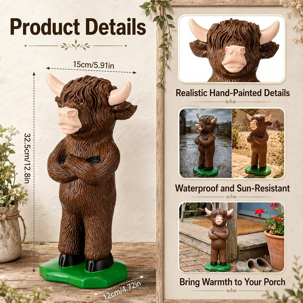 Wenqik Highland Cow Porch Statue Small Cute Figurines for Porch, 16 Inch
