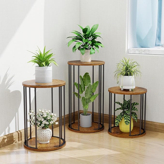 Leinade Plant Stand Indoor,small plant stool,Flower Pot Corner stand holder,Mid Century Heavy Duty Metal Tall Home Decor,Modern Round End Table,Small Rustic Display Stand for Living Room,Bedroom (Brown,3 Packs)