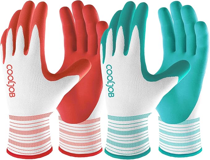COOLJOB 2 Pairs Gardening Gloves for Women Ladies, Breathable Rubber Coated for Yard Garden, Outdoor Indoor Protective Work with Grip, Small Size, Red & Green