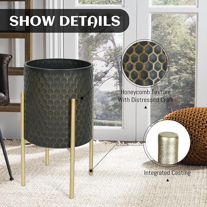 Oakrain Mid Century Planters for Indoor Plants, Set of 2, Modern Decorative Metal Pots for Living Room, Office, Garden or Balcony, Black&Golden Honeycomb, 10inch&12inch