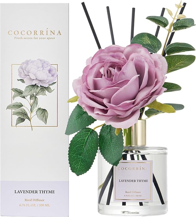 Cocorrína Flower Reed Diffuser - Lavender Thyme 6.7oz Scented Diffuser with Sticks Home Fragrance Essential Oil for Bathroom Shelf Decor (Artificial Flower)