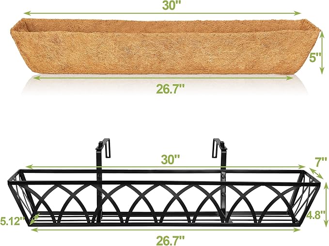 30 Inch Window Deck with Coco Liner, Fence Metal Hanging Flower Planter Window Basket Deck Railing Planter Boxes for Outdoor Garden Lawn，30" Window Boxes Horse Trough with Coconut Coir Liner, 2pcs