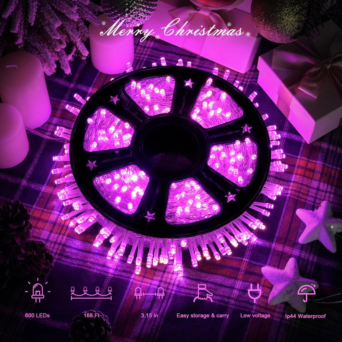 JMEXSUSS 600 LED Pink Christmas String Lights Indoor Outdoor Plug in