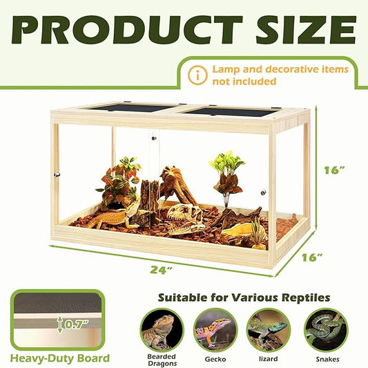 Prolee Tempered Glass Bearded Dragon Tank 28 Gallon, Lizard Tank, Reptile Tank with Metal Mesh Roof Door, Snake Tank with Lock Design, 24" Long, Oak
