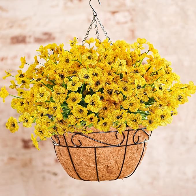 Uieke 16PCS Artificial Flowers for Outdoors UV Resistant No Fade Yellow Fake Flowers for Outside Home Garden Porch Window Box Home Summer Fall Décor (Yellow)