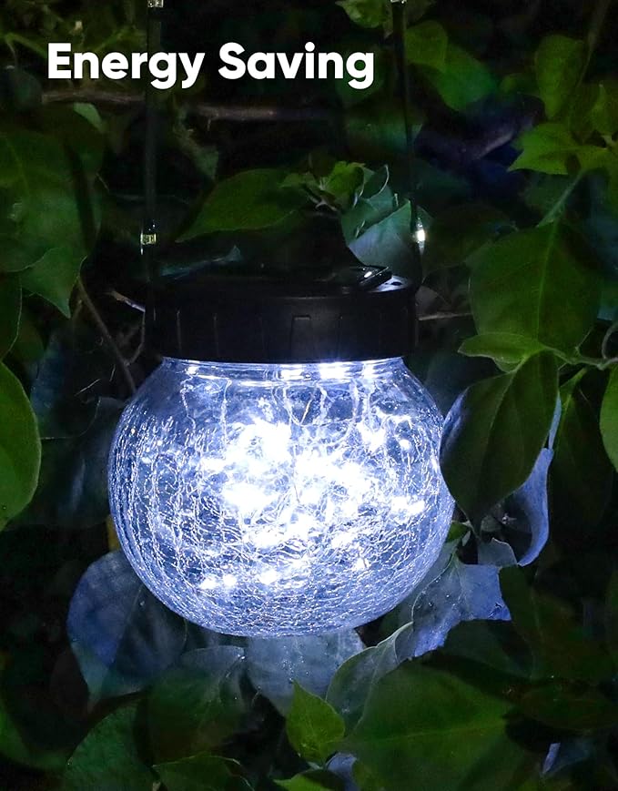 PARTPHONER Solar Lights Outdoor Waterproof 12-Pack, Solar Powered Hanging Lantern Cracked Glass Hanging Globes for Yard Decor Christmas Decoration, Shepherd Hook, Garden Tree Ornaments, Cold White