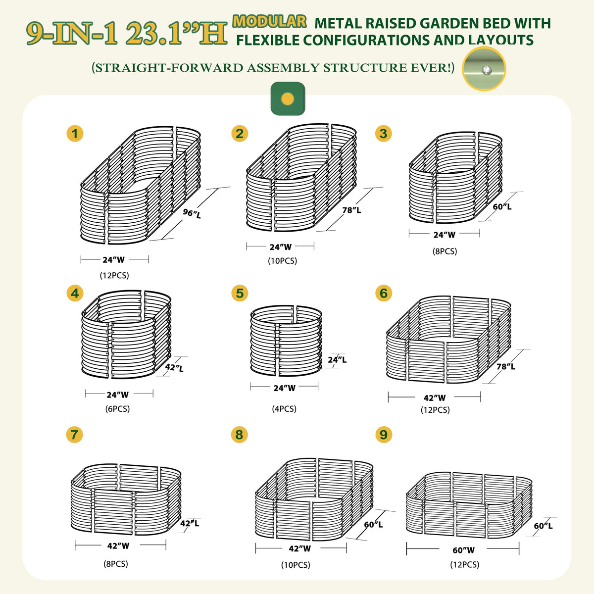 MUPATER 8x2x2ft Galvanized Raised Garden Bed, 9-in-1 Metal Planter Box