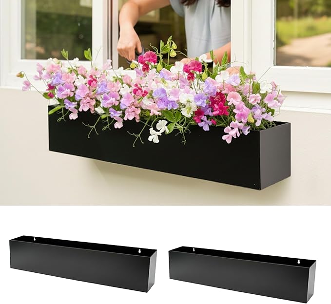 LaLaGreen Outdoor Wall Planters (30 Inch, 2 Pack) Carbon Steel Black Metal Hanging Flower Pots for Succulents, Wall Mount Rectangular Long Window Sill Box Fence Floating Shelf for Modern Garden Decor