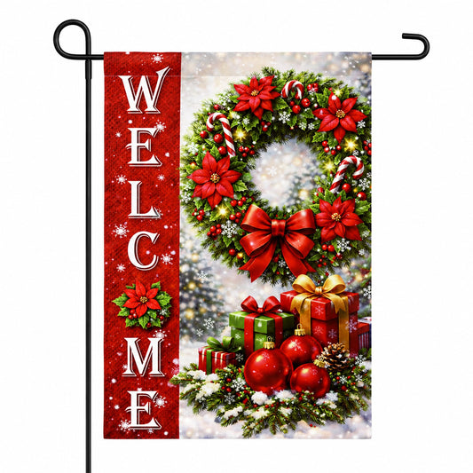 Christmas Decorations - Xmas Wreath Welcome Garden Flag | Christmas Party Decor Favors Supplies for Outdoor Outside - Red Wreath Double Sided Backdrop Banner for Garden Porch Patio Lawn Yard