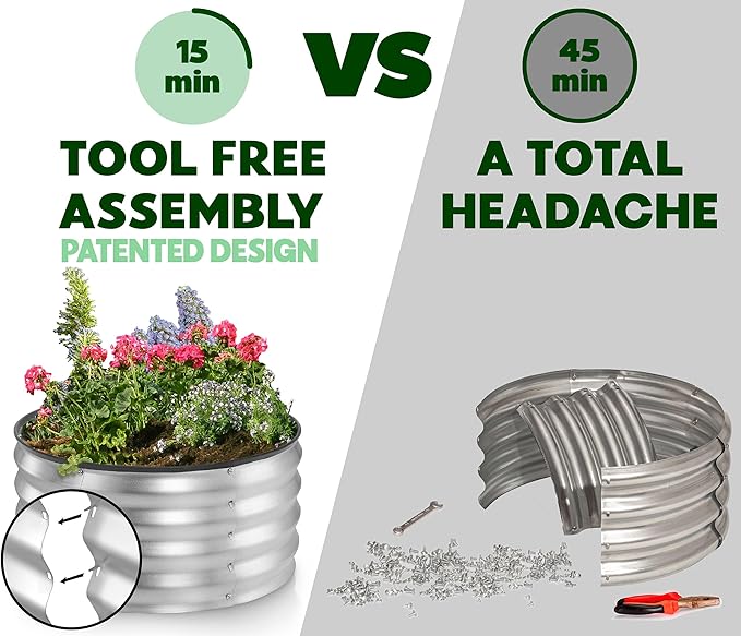 Round Galvanized Raised Garden Bed // 2×2×1 ft (2-Pack) Galvanized Raised Garden Beds Outdoor for Gardening, Vegetables, Flowers // Patented Tool-Free Design Round Planter (Silver)