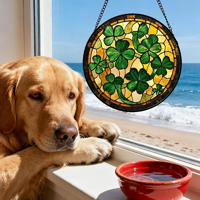 QZQCBLC Stained Glass Window Hanging Green Retro Lucky Clover 7.8" - Suncatcher Door Garden Sun Catcher Ireland Decor Birthday Mother's St. Ripack's Day Gift for Woman Mom Men Friend Nana Wife