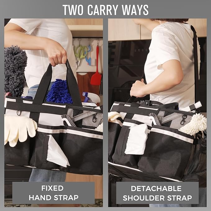 Wearable Cleaning Caddy, Cleaning Caddy Supplies Organizer with Handle & Shoulder Straps for Housekeepers, Under Sink & Car Cleaning Tool Organizers Bag with 4 Foldable Divider (Beige)
