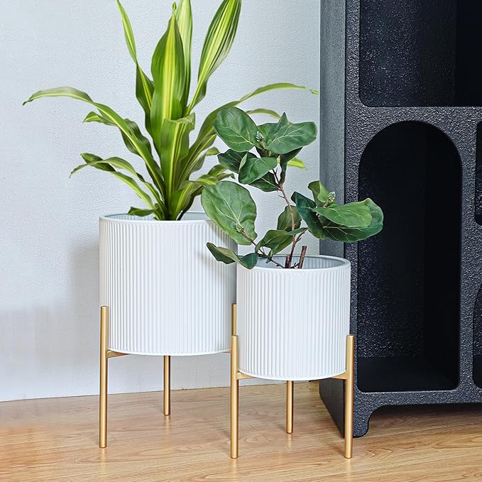 ARNIS Modern Planter Pots, Set of 2 Round Large Planters with Stand, Decorative Floor Planters, Metal Pots with Drainage Holes for Living Room, Office, Garden or Balcony, 8.25 &10.5 Inch, White & Gold