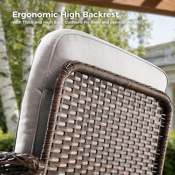 Luxury Outdoor Swivel Rocker Patio Chairs with 6-Inch Thick Cushions, High Back Swivel Glider Patio Chairs, 3PCS Wicker Outdoor Furniture Set for Porch, Patio, Yard, Deck, Poolside, Brown/Beige