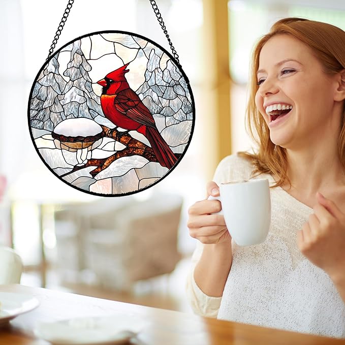 Stained Glass Window Hanging Cardinal Bird Winter Snow Scene 6.3" - Suncatcher Door Garden Sunroom Sun Catcher Home Decor Birthday Christmas for Mom Men Woman Nana