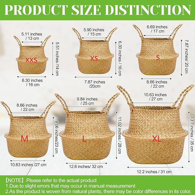 Qunclay 4 Pcs Woven Seagrass Baskets Belly Basket Folding Boho Natural Plant Pot with Handles Round Decorative Wicker Large Indoor Planter for Home Outdoor Tree Planters Decor (XL,12''dx13.8''h)