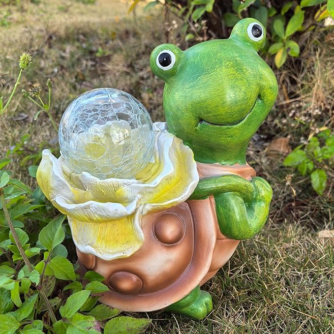 Maikall Rish Solar Garden Turtle Statue with LED Light Decorative Cute Turtle Carrying Lantern Design Outdoor Lawn Ornament(Yellow Flower)